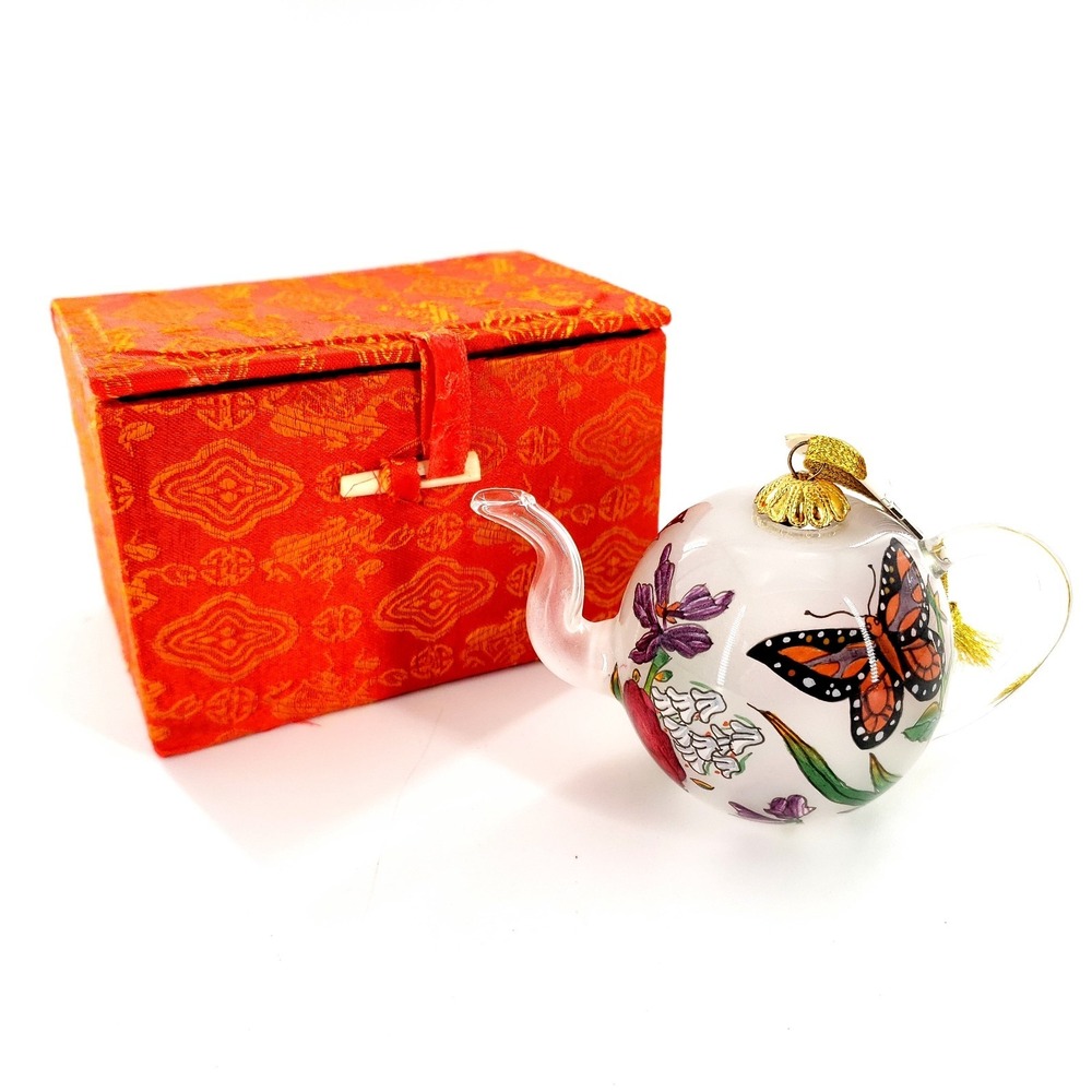Vintage 1998 Bill Yee Inside Painted Glass Ornament Butterflies Floral Tea Pot